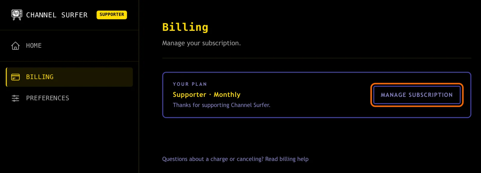 Dashboard Billing page showing Supporter · Monthly with the Manage subscription button highlighted.