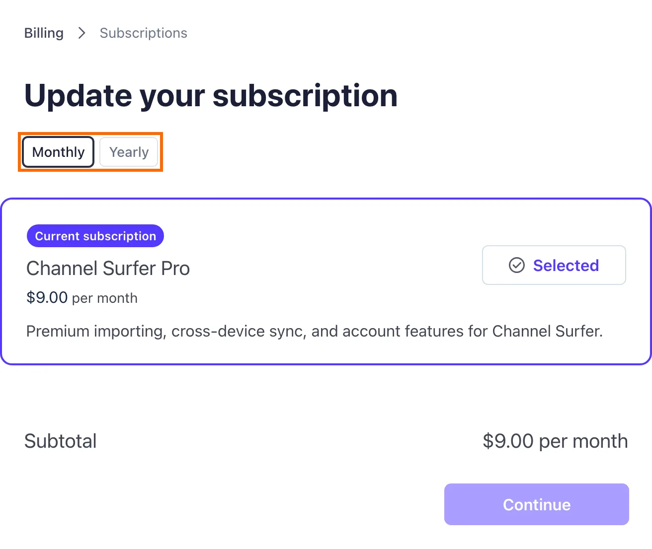 Stripe Update your subscription page with Monthly and Yearly options, with the plan switch highlighted.