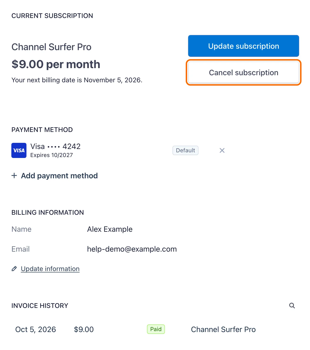 Stripe subscription page showing the current plan, payment method, and invoice history, with Cancel subscription highlighted.