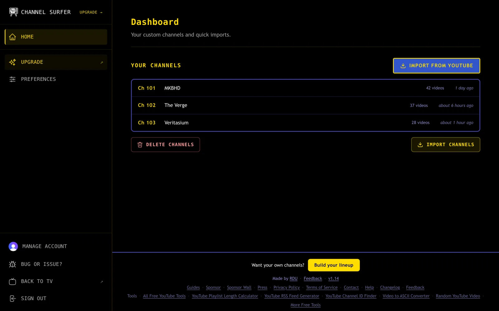 Channel Surfer Dashboard for a Free account, showing imported channels and the Import from YouTube button.