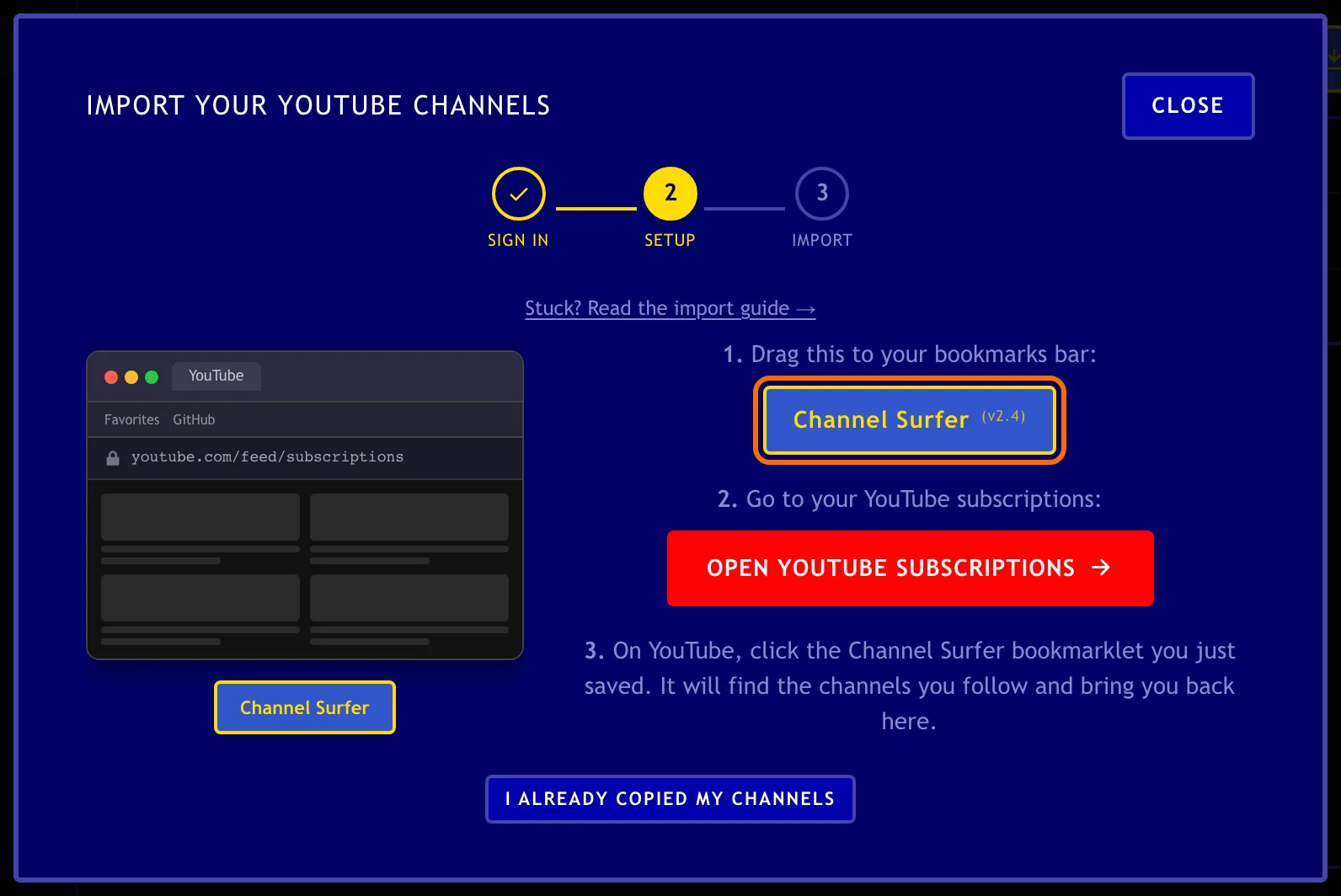 Import window with the Channel Surfer bookmarklet button highlighted, ready to drag to the bookmarks bar.