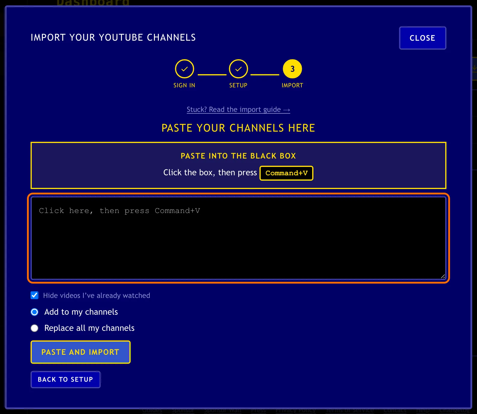 Paste your channels here box on the Channel Surfer Dashboard, highlighted, with the Paste and import button below.