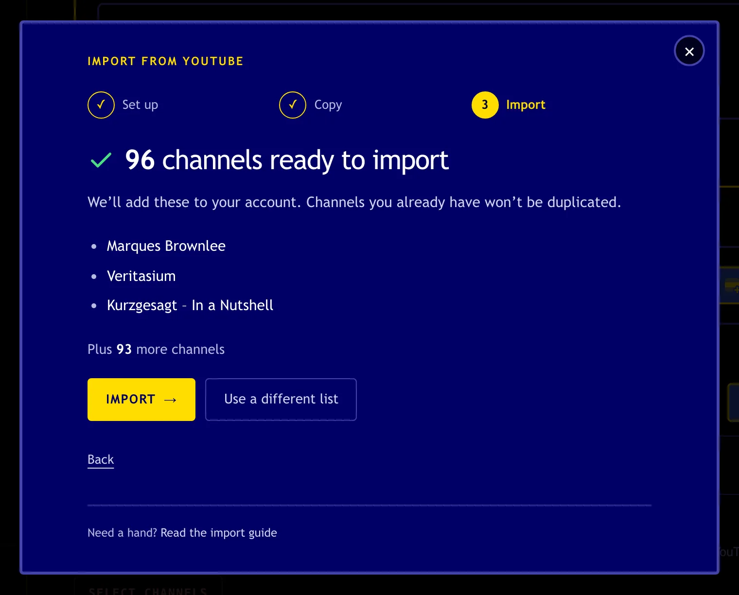 A preview of 96 channels with three sample names and the yellow Import button.