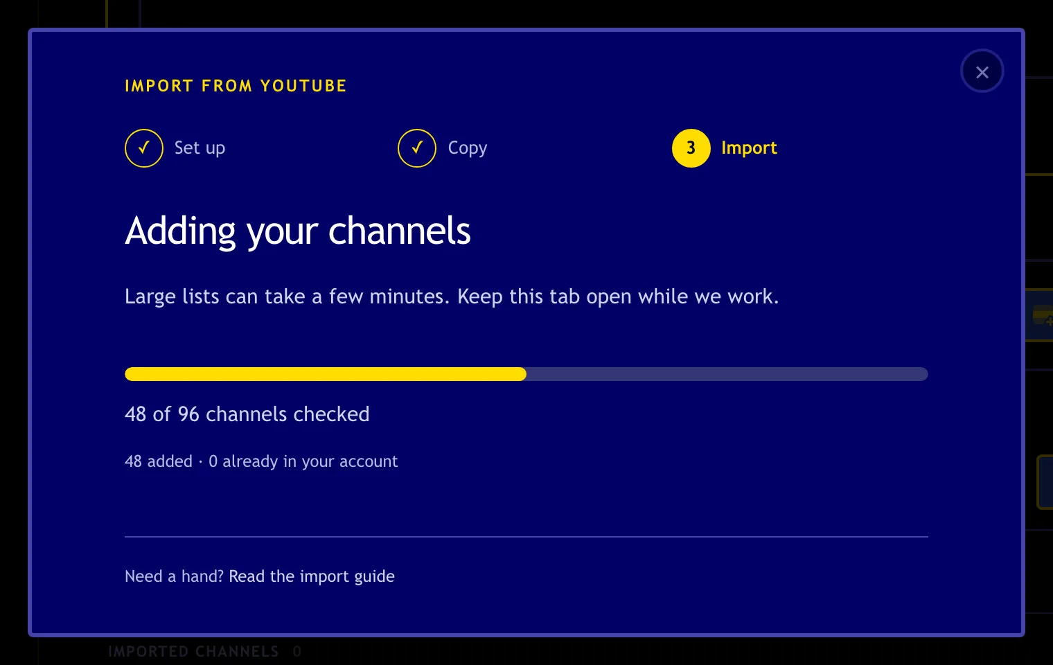 Import progress showing 48 of 96 channels checked and 48 added, with a half-filled progress bar.