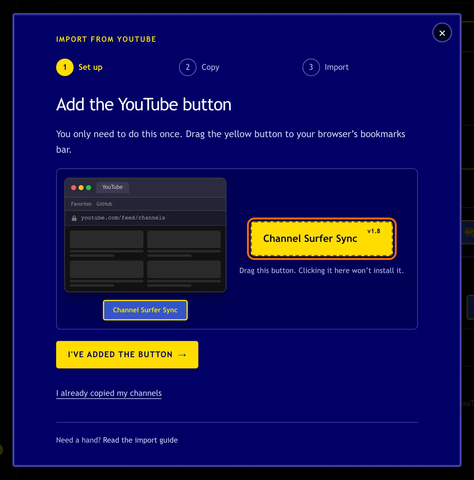 Supporter import window with the Channel Surfer Sync bookmarklet button highlighted.