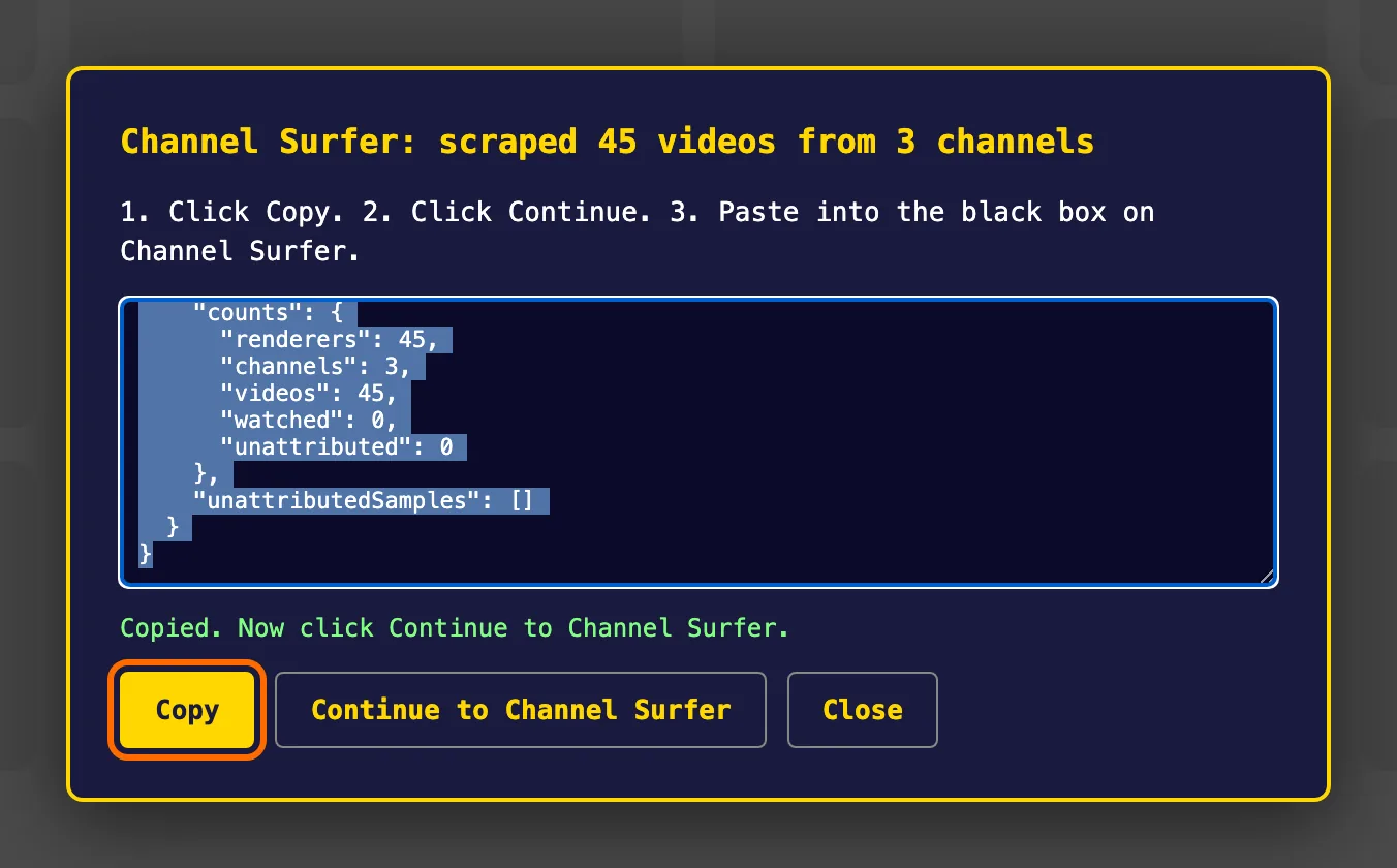 Channel Surfer popup with Copy, Continue to Channel Surfer, and Close buttons. Copy is highlighted.