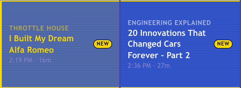 Yellow NEW badges highlight recent videos in the TV guide