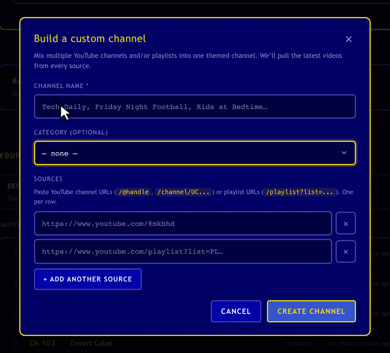 Typing Woodworking as a custom channel name, pasting a YouTube playlist URL, then clicking Create channel.
